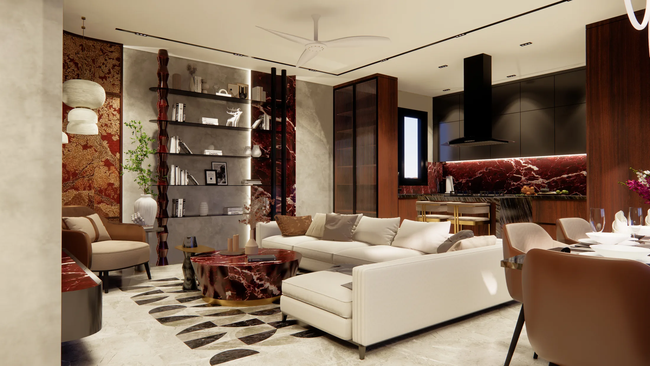 Living room with an oxblood display wall, sculptural shelving and a low travertine table