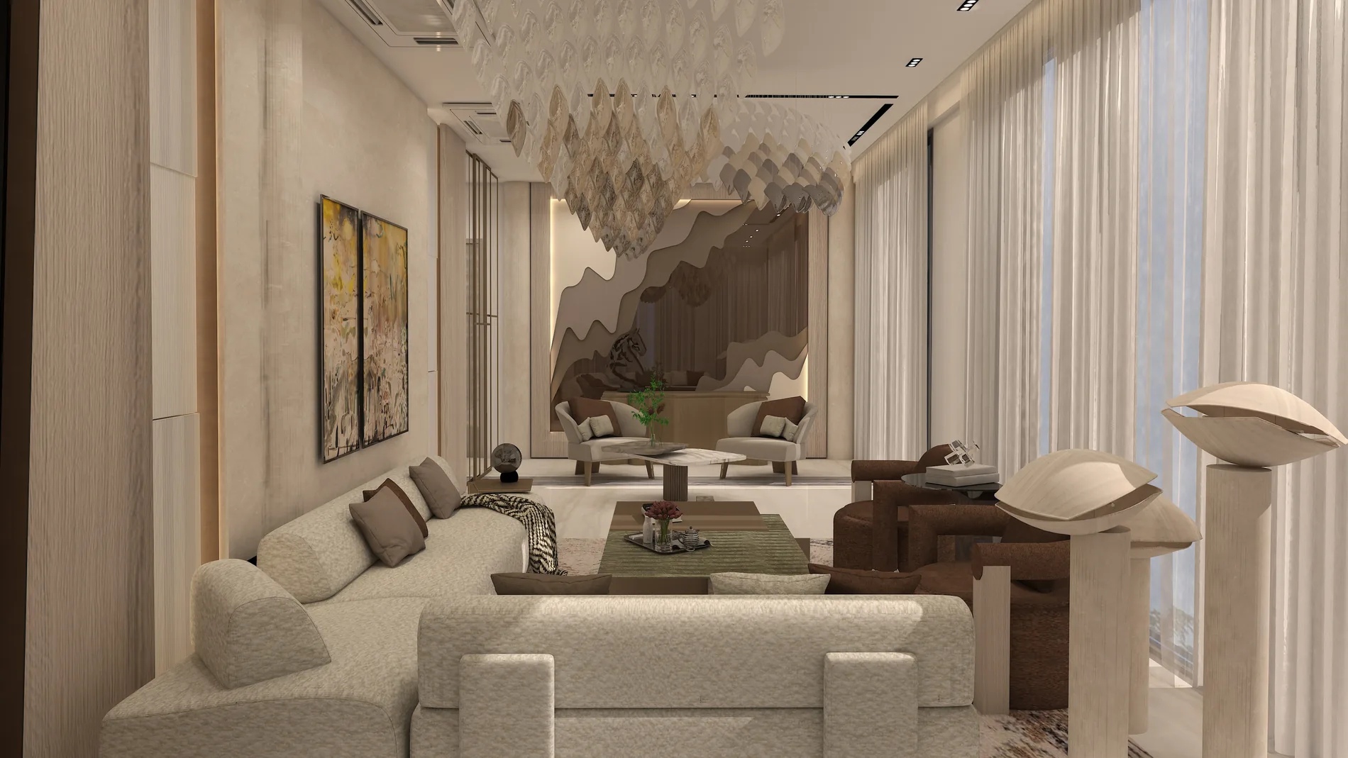 Double height lounge with a sculptural plaster ceiling and pale seating