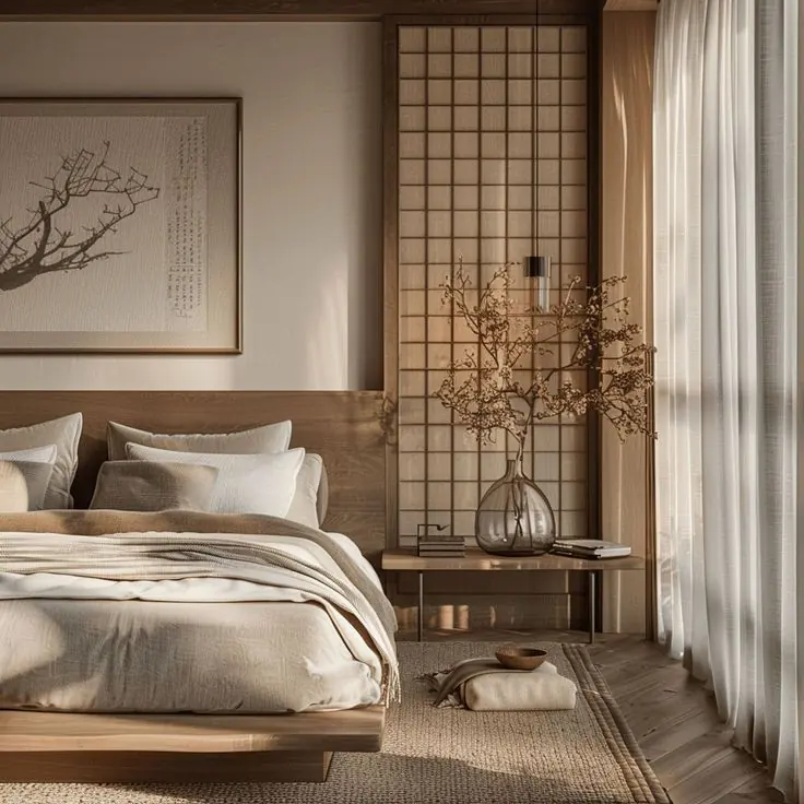 Japandi bedroom in linen and pale oak with a shoji screen, a paper lantern and a low bench