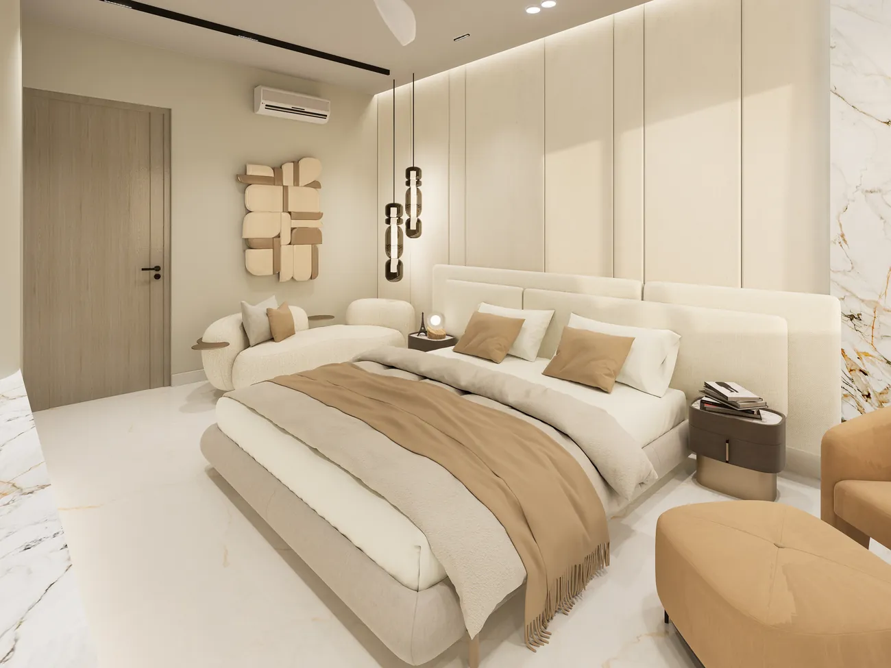 Bedroom in cream and marble with sculptural wall panelling