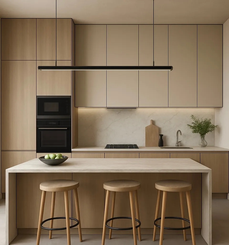 Cream modular kitchen with an island, oak stools and integrated appliances