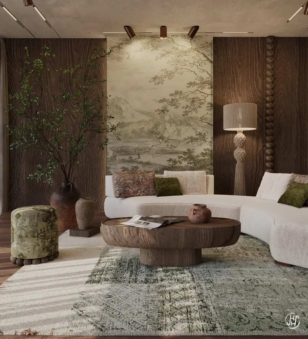 Completed living room with a curved sofa, a painted mural and carved timber columns